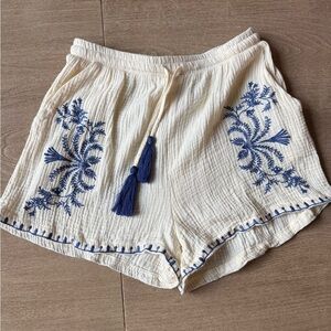 Boho 100% Cotton Embroidered Shorts Cream & Blue Tassels costal, beach, resort